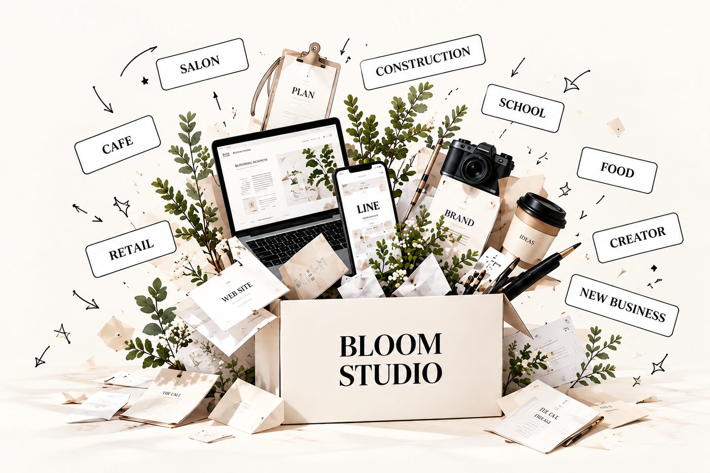 BLOOM STUDIOの箱とPC、スマホ、文具、植物、8つの業種タグ